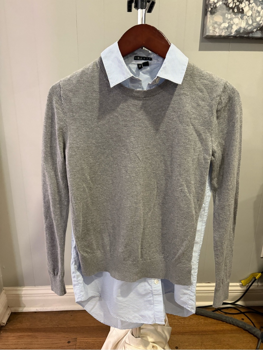 Theory Women’s Grey Crewneck Sweater attached with Blue-Striped Shirt